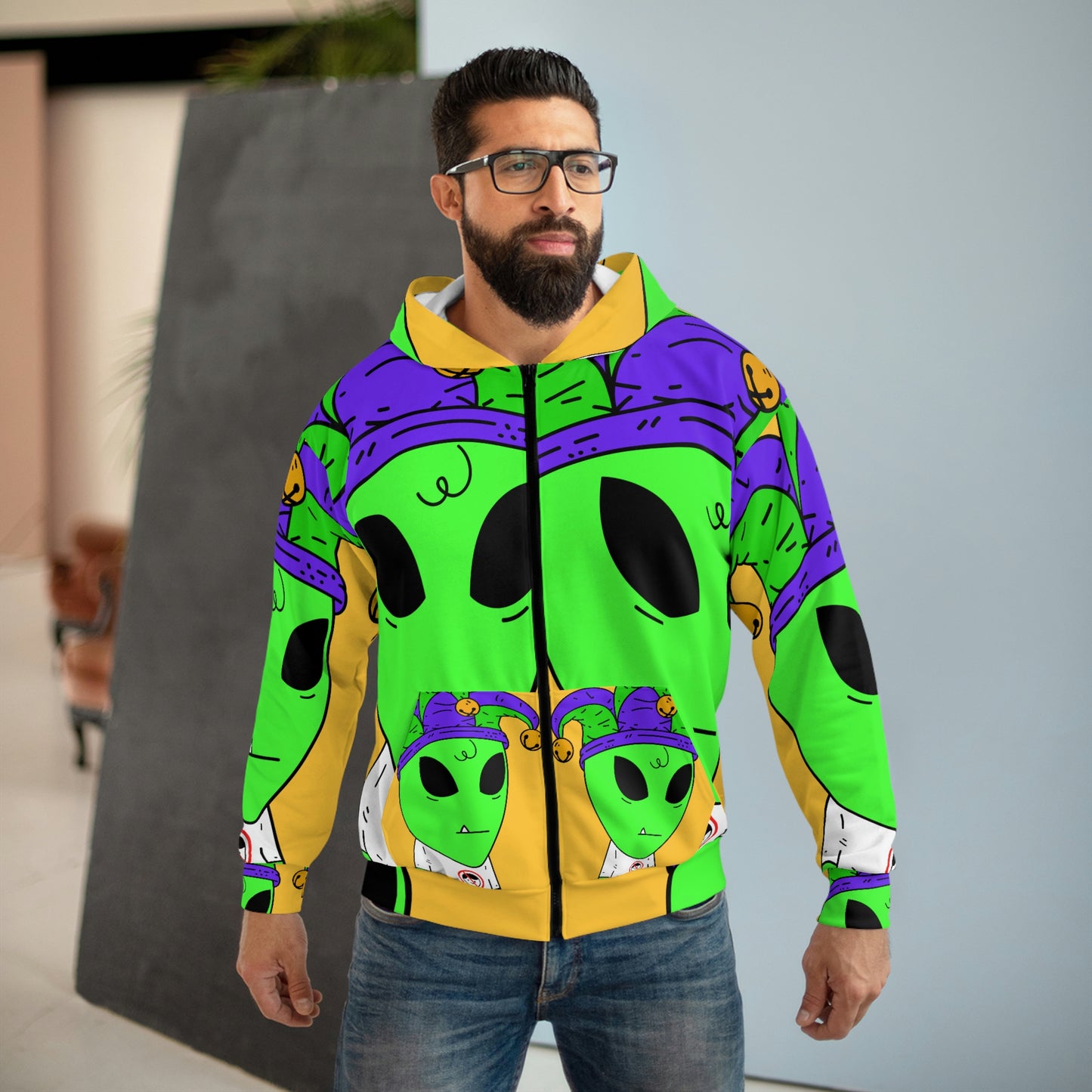 Jester Alien Joker Visitor AOP Unisex Zip Hoodie