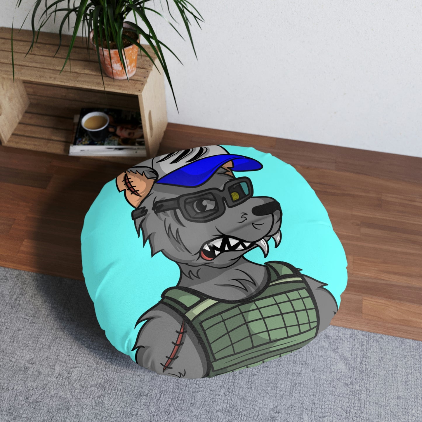 Army Vest Werewolve Cyborg Wolf Tufted Floor Pillow, Round