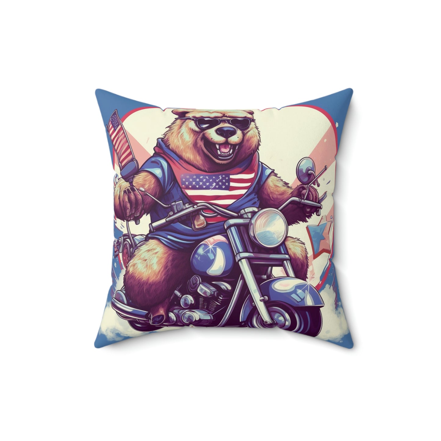 Roaring American Pride: Patriotic Bear 4th of July Motorcycle Adventure Spun Polyester Square Pillow