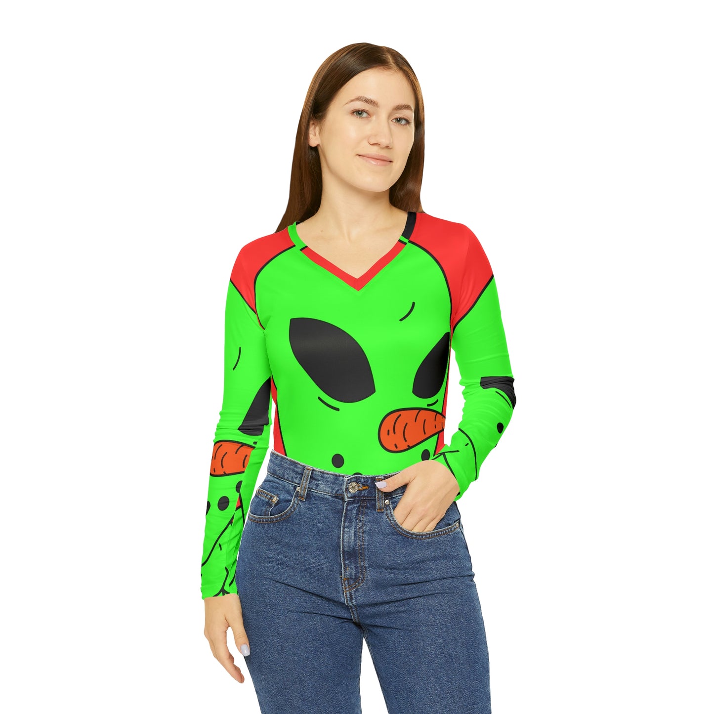 Veggie Visi Alien Vegetal Visitor Camisa Mujer Manga Larga Cuello Pico 