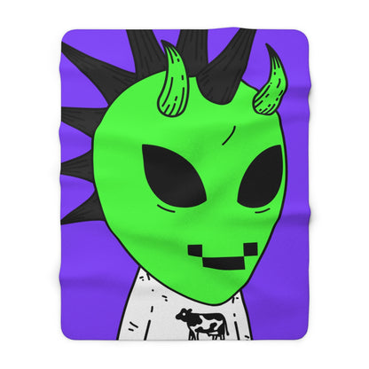 Cow Green Alien Spike Black Hair Digital Smile Visitor Sherpa Fleece Blanket