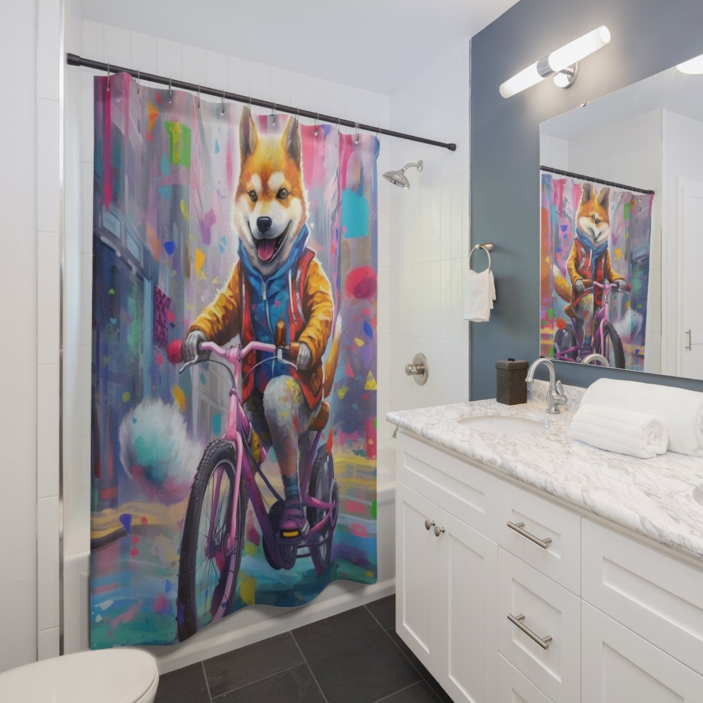 Shiba Inu on Bike Graffiti-Style Art: Colorful, Happy, Post-Apocalyptic Design Shower Curtains