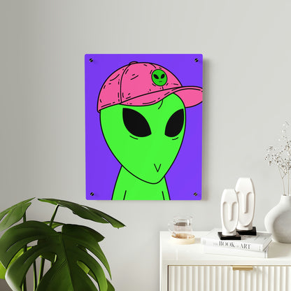 Green Alien V Face Pink Visi hat Visitor Acrylic Wall Art Panels