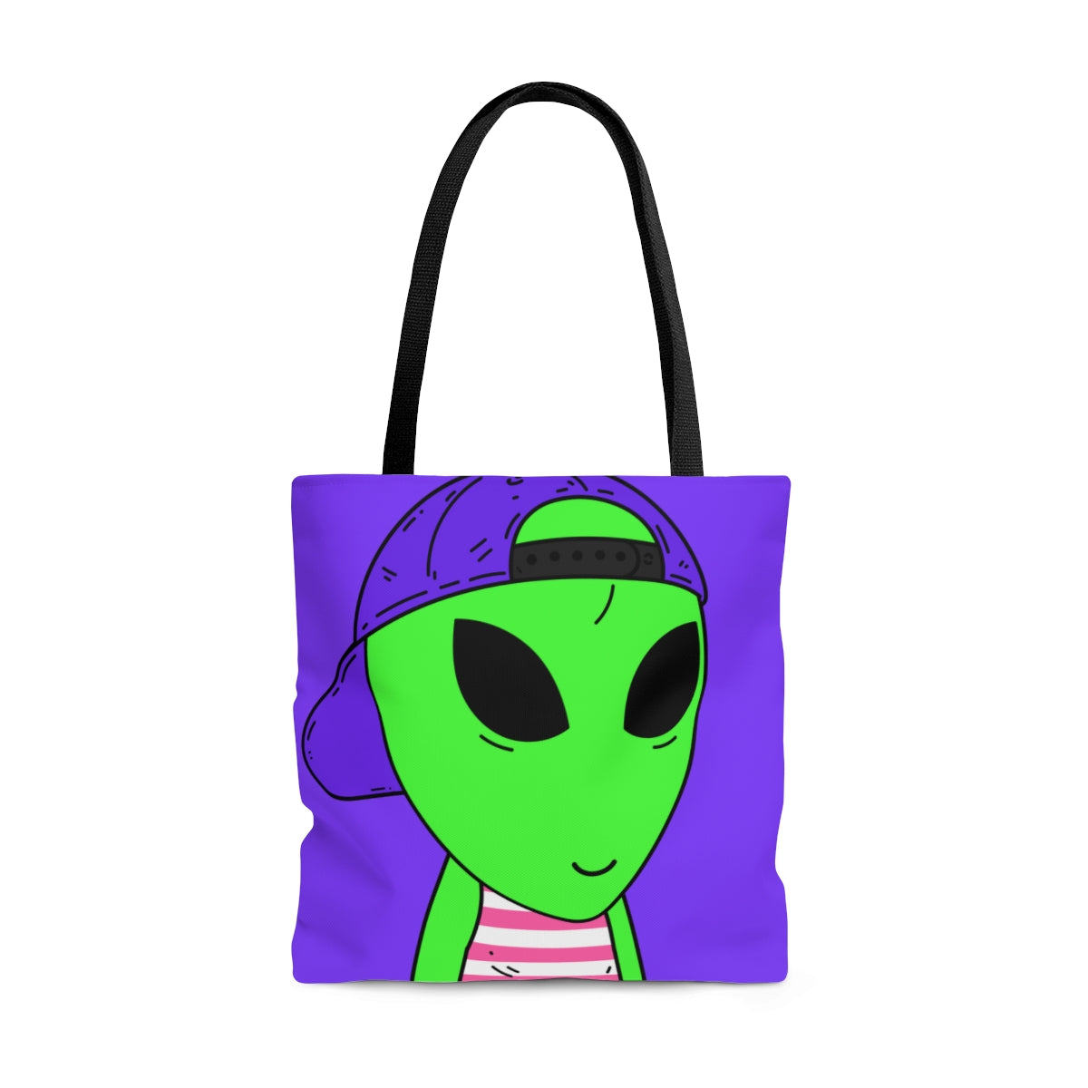 Purple Hat Green Alien Smile Visitor Red White Striped Tank Top AOP Tote Bag