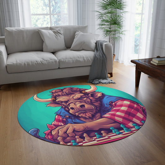 Chess Game Champ Master Bison Buffalo Style Round Rug