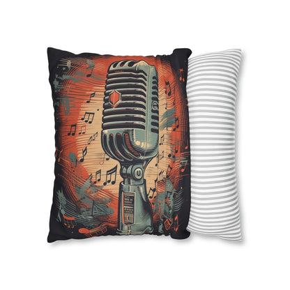 Micrófono retro y notas musicales - Funda de almohada cuadrada de poliéster hilado con diseño de estilo vintage 