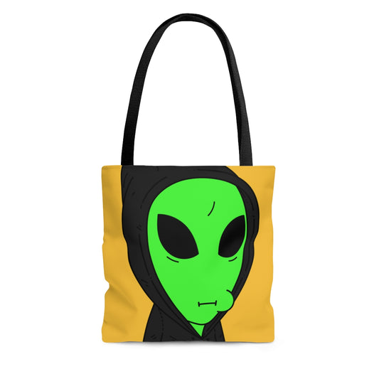 Sudadera con capucha negra alienígena verde Personaje de dibujos animados Visitante AOP Bolsa de tela 