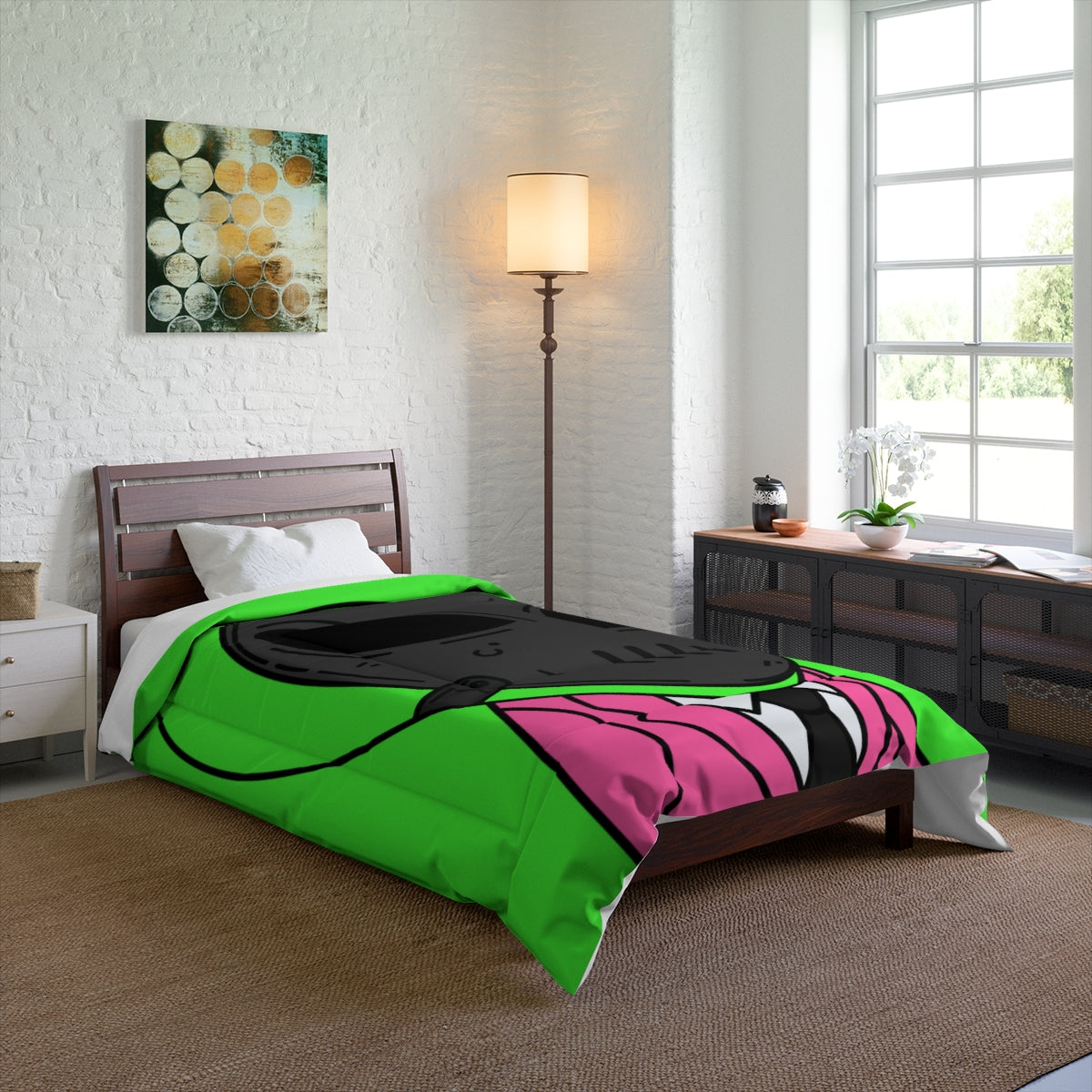 Green Alien Black Space UFO Mask Pink Suit Visitor Hockey Bed Comforter