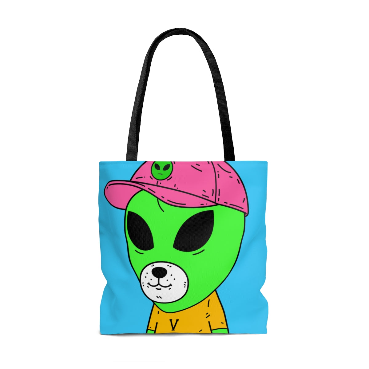 Cara de oso de perro visitante extraterrestre verde Camisas VT amarillas Sombrero Visi rosa AOP Bolsa de tela 