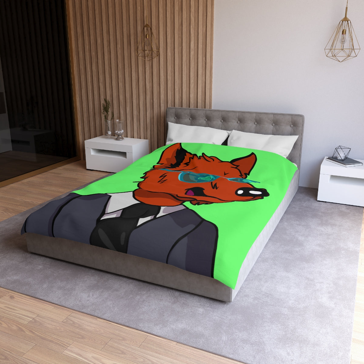 Cyborg Wolf Grey Suit Black Tie Blue Glasses Orange Fur Microfiber Duvet Cover