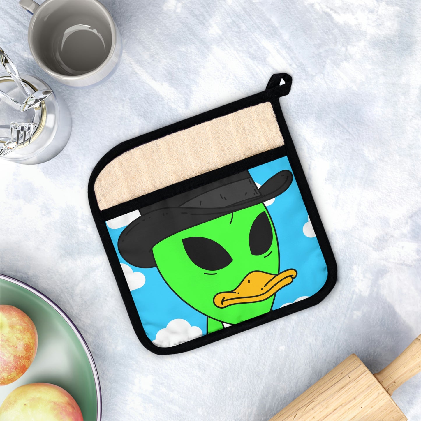 Visitor Green Alien Duck Black Top Hat Pot Holder con bolsillo