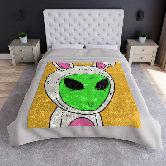 Green Alien V Face White Bunny Rabbit Visitor  Crushed Velvet Blanket - Visitor751