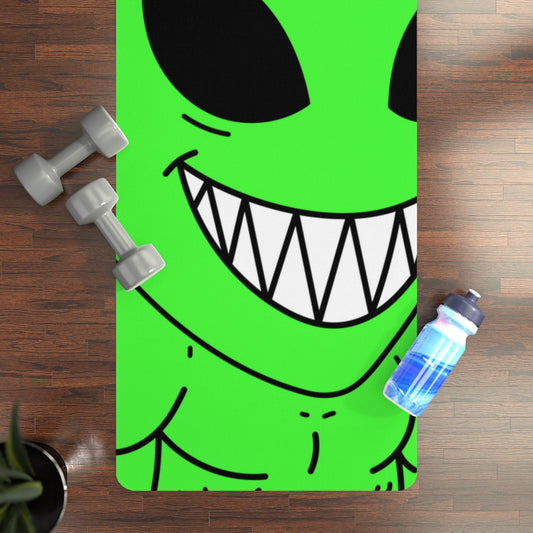 Spiked Pink Hair Muscle Big Smile Green Alien Visitor Rubber Yoga Mat