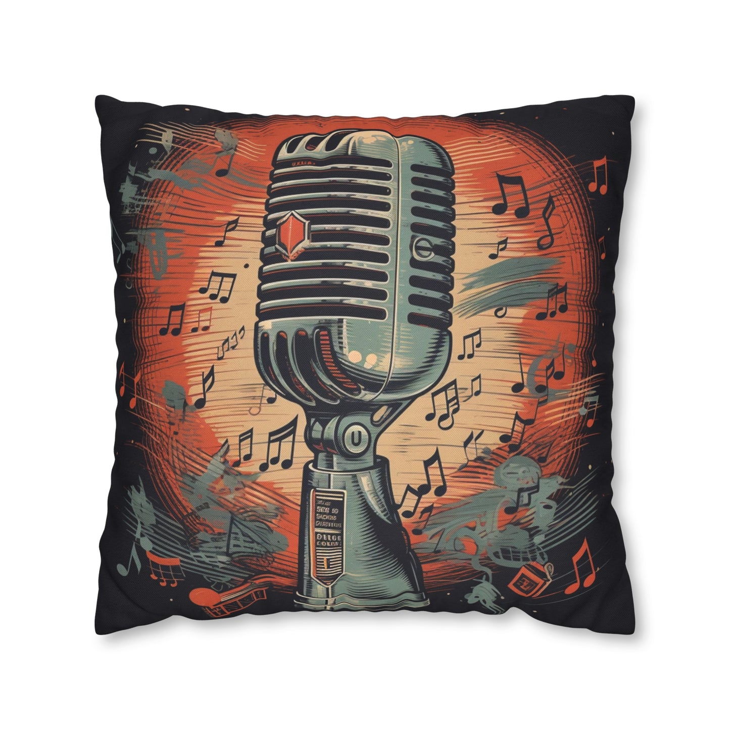 Micrófono retro y notas musicales - Funda de almohada cuadrada de poliéster hilado con diseño de estilo vintage 