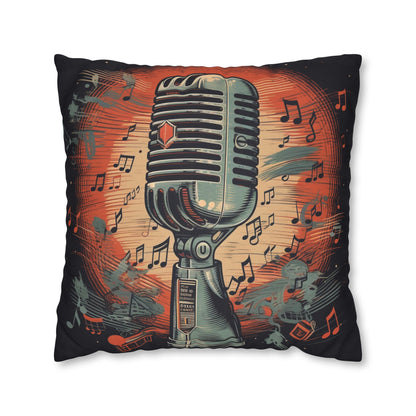 Micrófono retro y notas musicales - Funda de almohada cuadrada de poliéster hilado con diseño de estilo vintage 