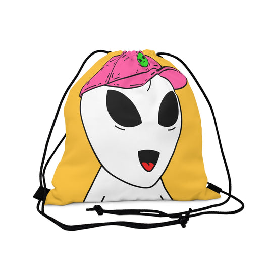 White Alien Smile Pink Hat Visitor Large Eyes Outdoor Drawstring Bag
