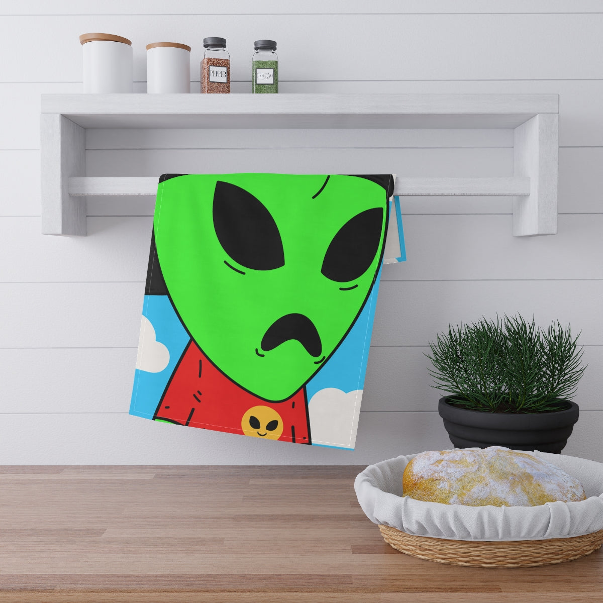 Green Alien Large V Mouth Black Cap Red Visi T Shirt Visitor Kitchen Towel