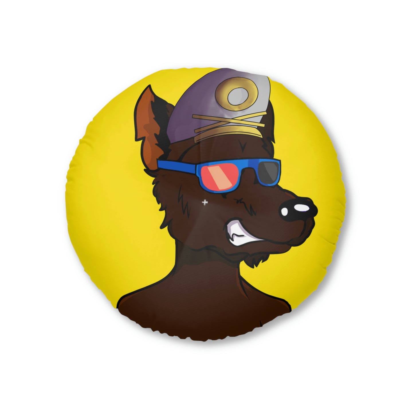 Wolf Cyborg Sailor Hat Shirtless Sunglasses Brown Fur Tufted Floor Pillow, Round