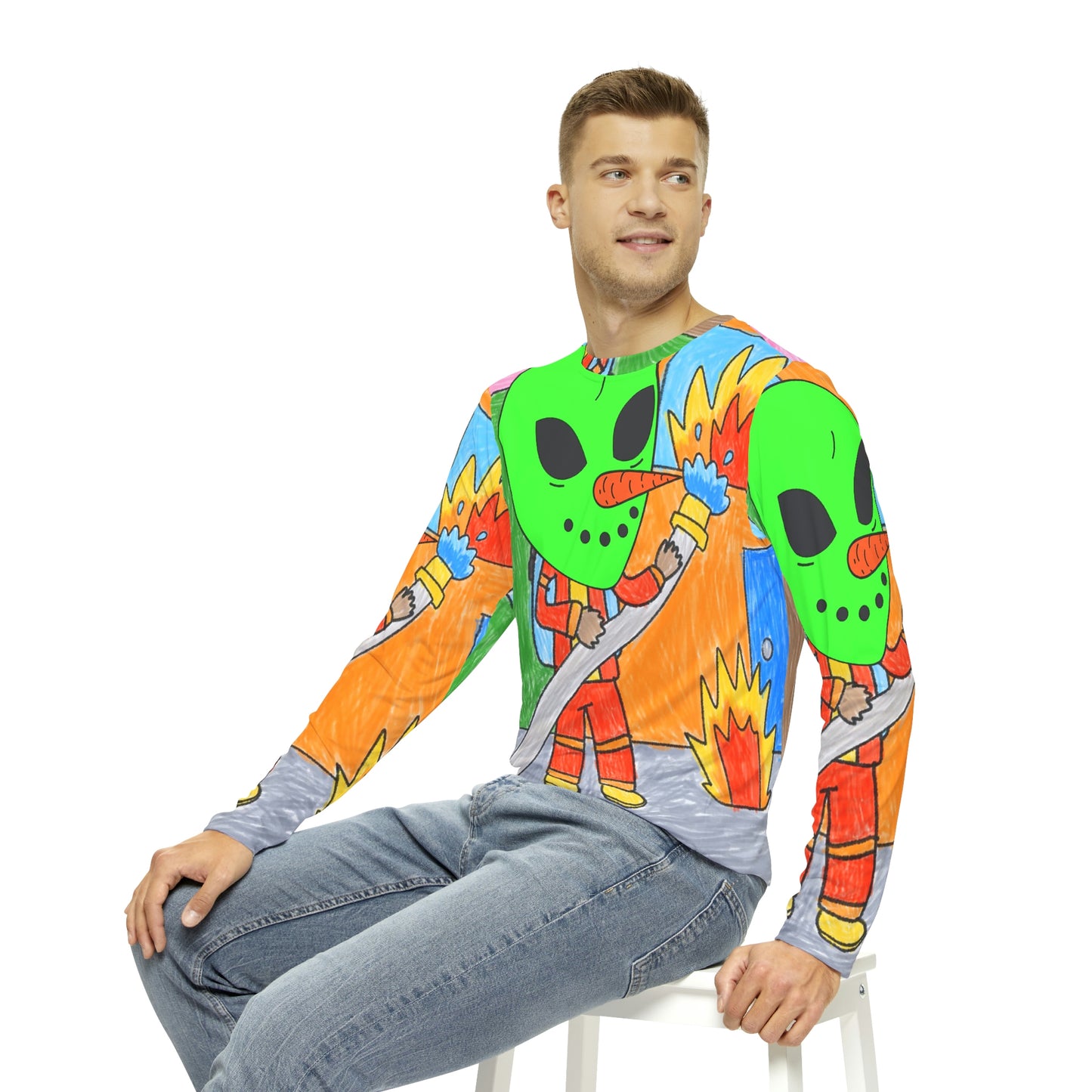 Fire Fighter Alien Veggie Visi Vegetable Visitor Men's Long Sleeve AOP Shirt