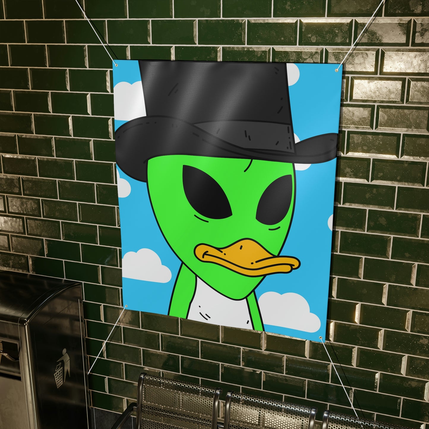 Visitors Green Alien Duck Black Top Hat Matte Banner