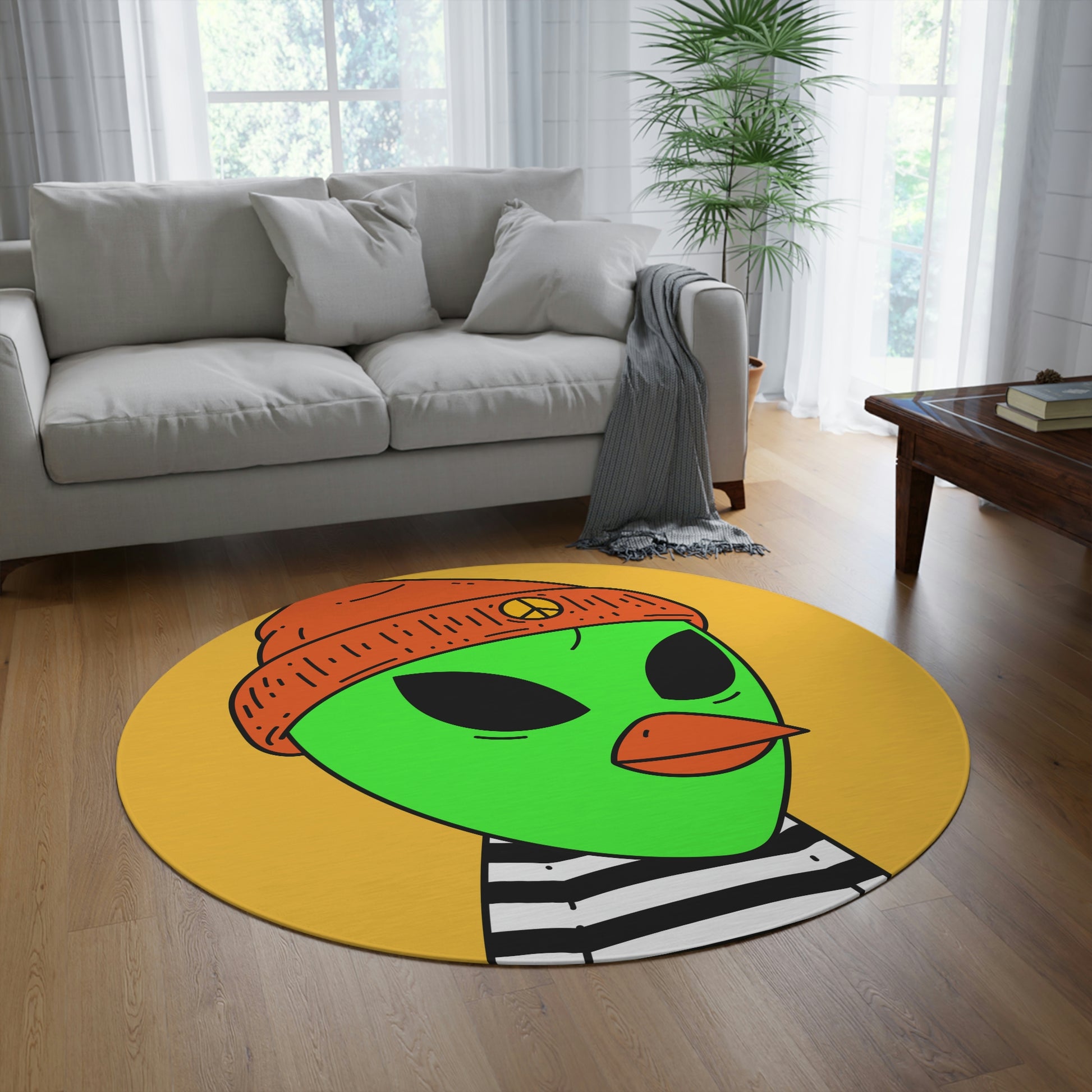 Burb Beak Green Alien Orange Peace Hat Black White Striped Shirt Round Rug - Visitor751