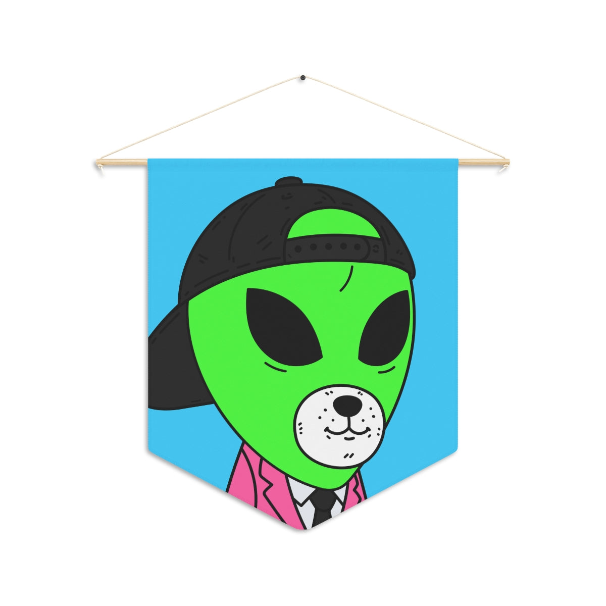 White Bear Dog Face Pink Suit Green Alien Visitor Black Cap Pennant