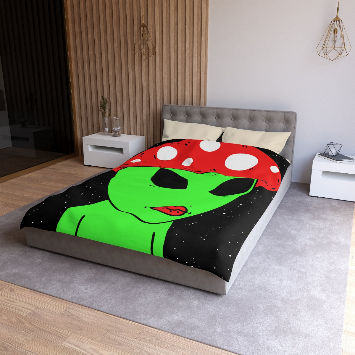 Mushroom Head Green Alien Visitor w/ Red Lips Microfiber Duvet Cover