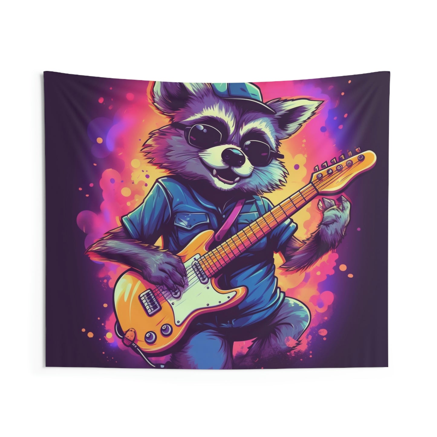 Guitarrista de mapache peludo - Tapices de pared para interiores con decoración musical de animales de estrella de rock 