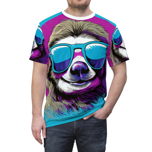 Camiseta unisex de corte y costura con animales de inspiración retro de perezoso galáctico (AOP) 