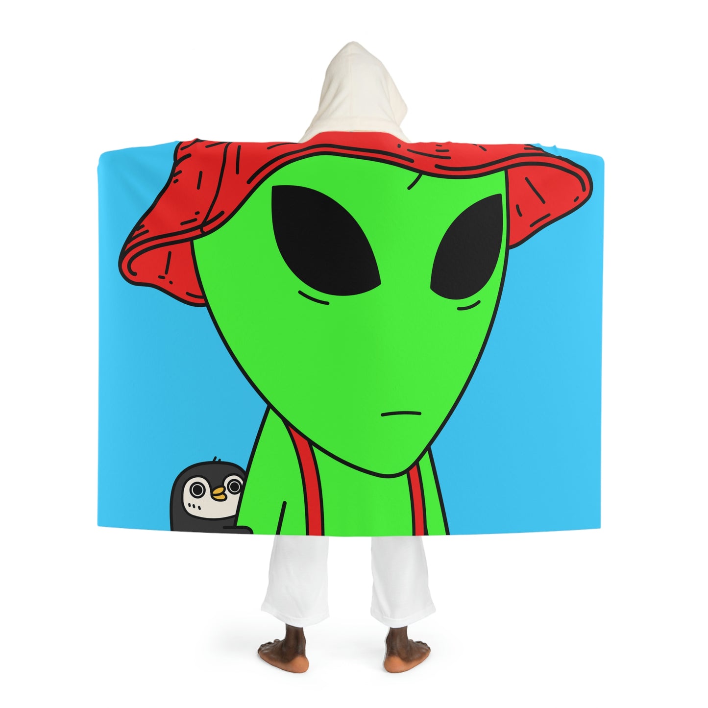 Penguin Alien Visitor Red Visi Hat Suspenders Hooded Sherpa Fleece Blanket