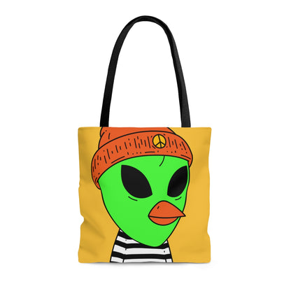 Burb Beak Green Alien Orange Peace Hat Black White Striped Shirt AOP Tote Bag