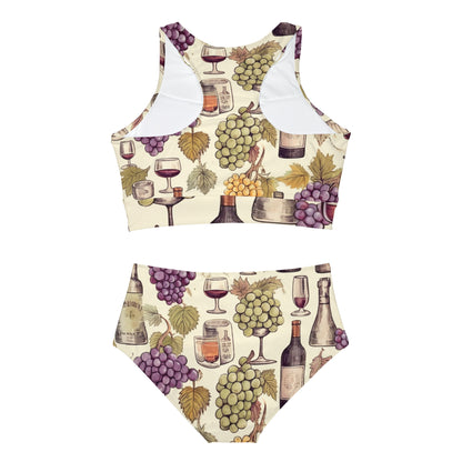 Wine Lovers Theme: Varieties of Wine, Grapes & Vineyards Design Sporty Bikini Set (AOP)