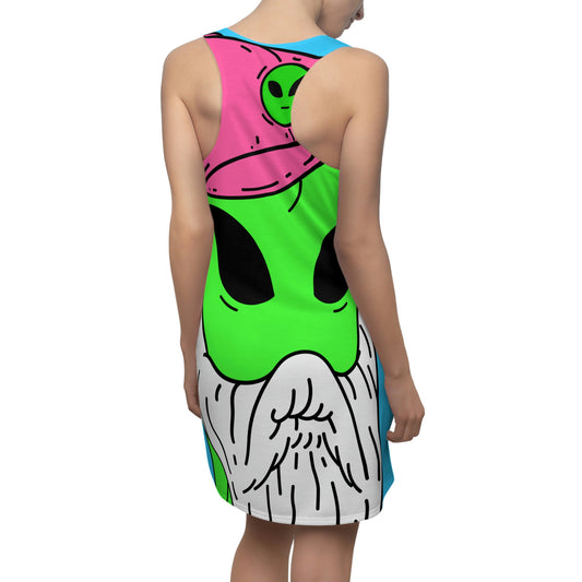 Beard Visitor Pink Hat Alien Cartoon Women's Cut & Sew Racerback Dress (AOP)