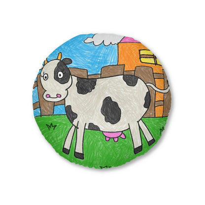 Cow Moo Farm Barn Animal Character Tufted Floor Pillow, Round