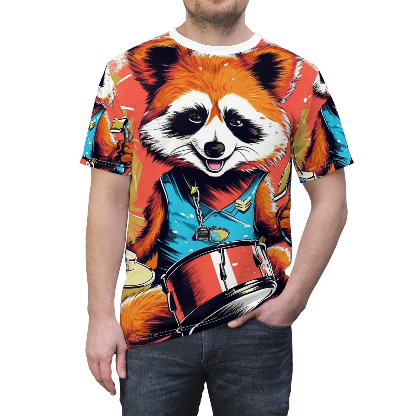 Red Panda Drum Music Player Graphic Camiseta unisex cortada y cosida (AOP) 