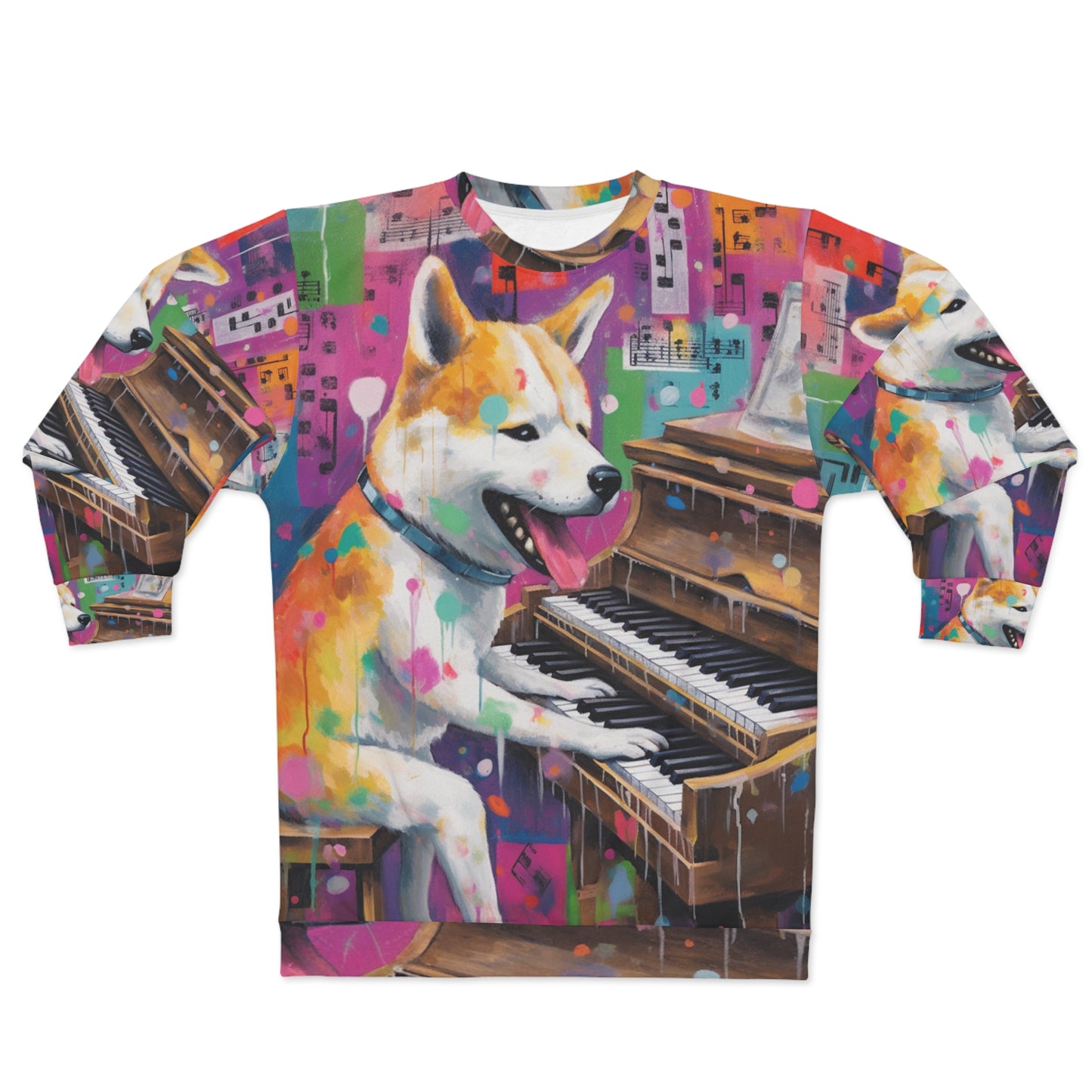 Arte estilo graffiti Shiba Inu tocando el piano: sudadera unisex colorida, feliz y post-apocalíptica (AOP) 