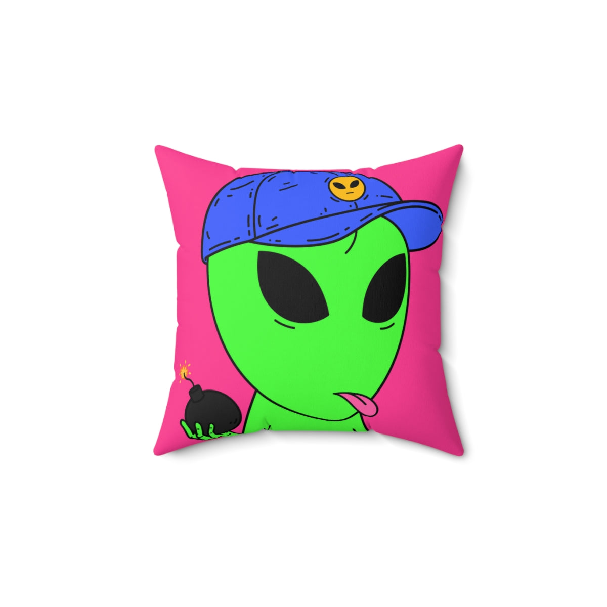 Green Alien Bomb Wield Hand Blue Visi Hat Visitor Spun Polyester Square Pillow