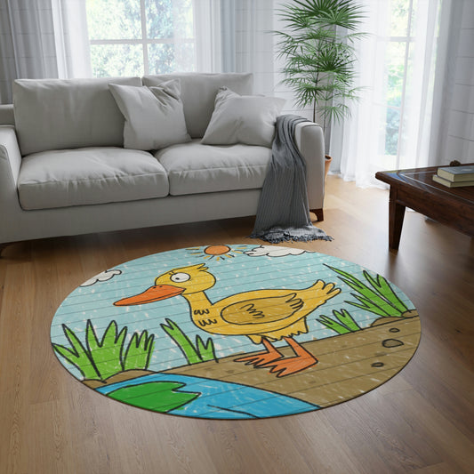 Yellow Duck Bird Pond Round Rug