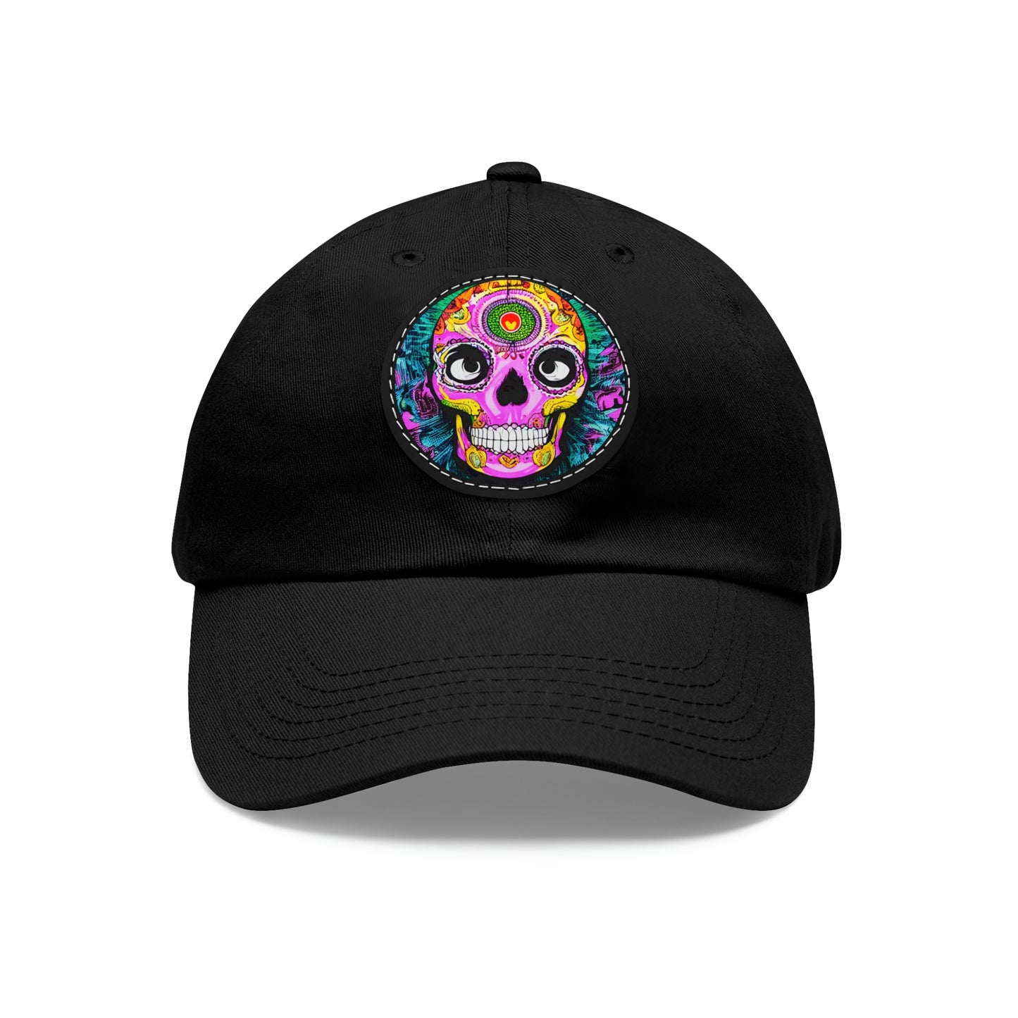 Trippy psychedelic Skull Skeleton Head Face Dad Hat with Leather Patch (Round)