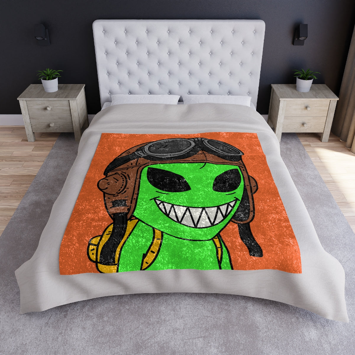 Aviator Flying Cap Green Alien Visitor Big Smile Teeth Yellow Backpack Crushed Velvet Blanket