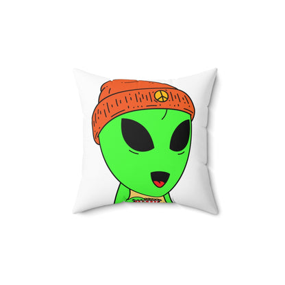 Green Alien Visitor Orange Peace Hat Popcorn Hand Yellow Sleeveless Spun Polyester Square Pillow