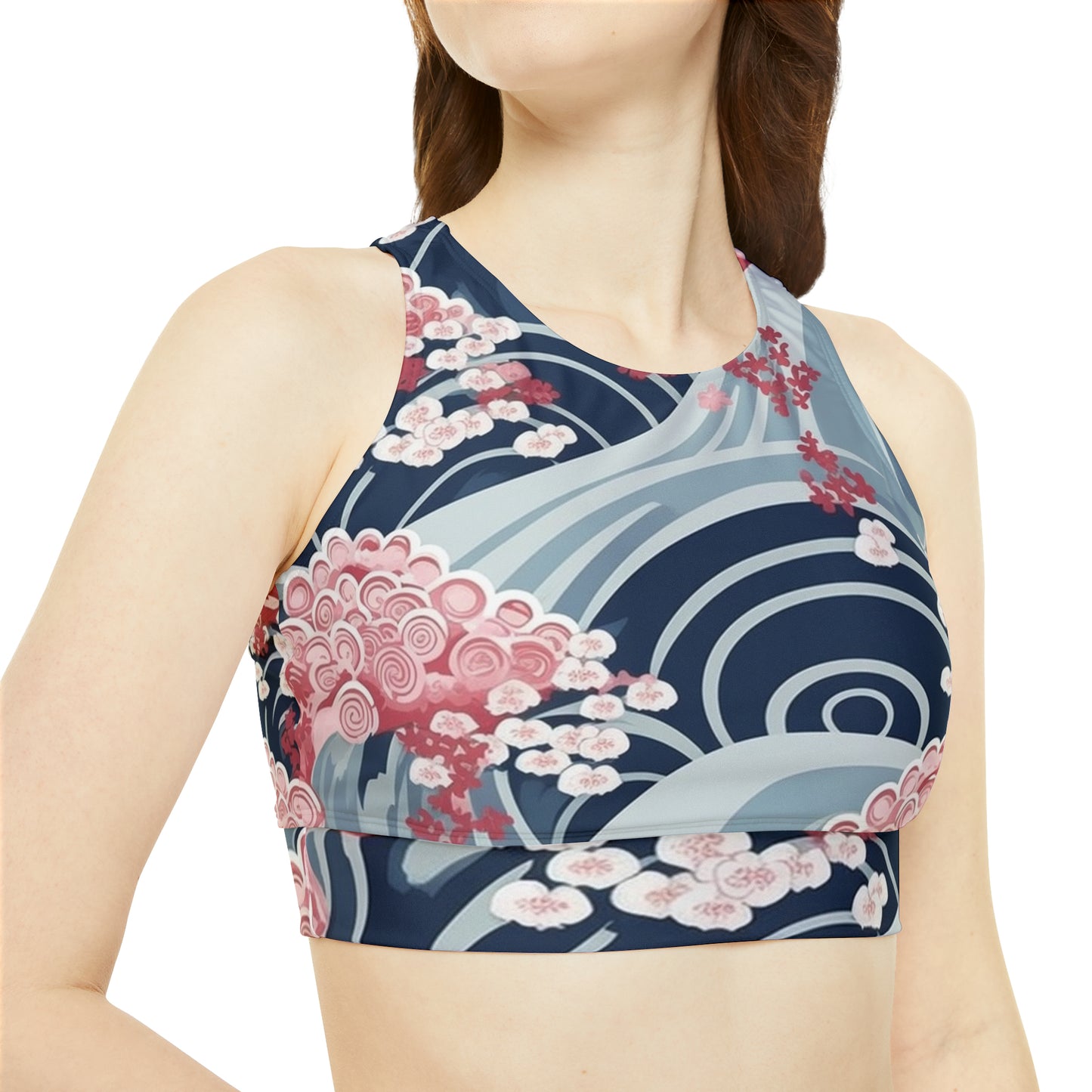 Japanese Minimalist Waves & Cherry Blossoms Pattern Sporty Bikini Set (AOP)