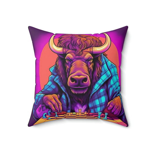 Almohada cuadrada de poliéster hilado gran maestro del juego de ajedrez American Bison Buffalo 