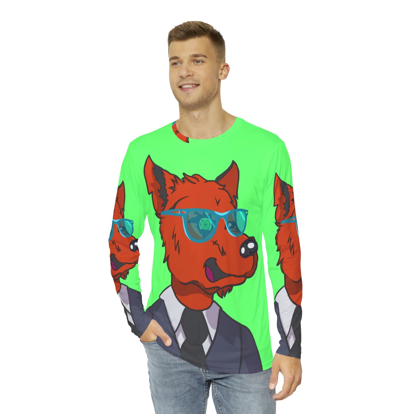 Cyborg Wolf Grey Suit Black Tie Blue Glasses Orange Fur Men's Long Sleeve AOP Shirt