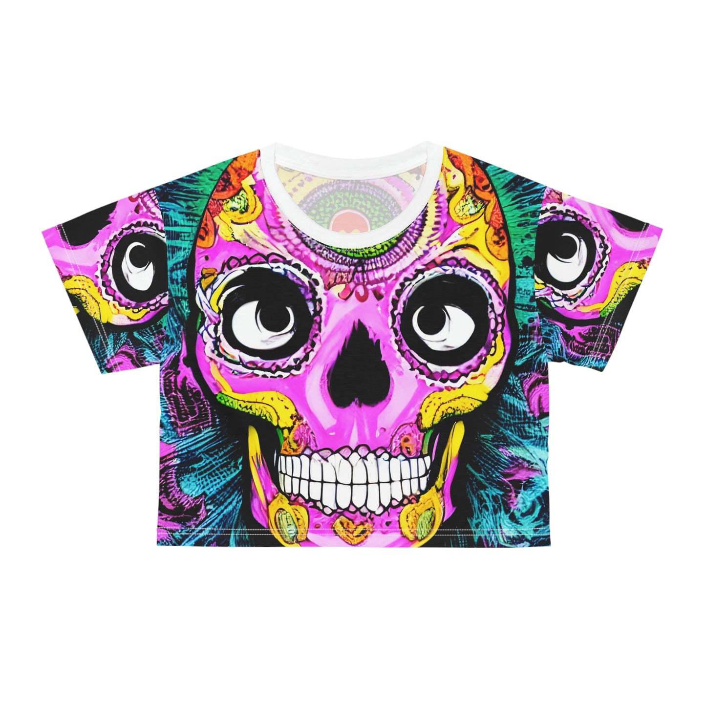 Trippy psychedelic Skull Skeleton Head Face AOP Crop Tee