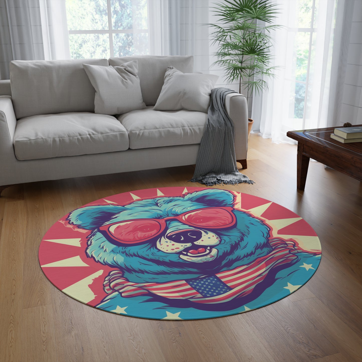 4th of July Festive Fun: Cute Patriotic Bear Graphic USA Style Round Rug