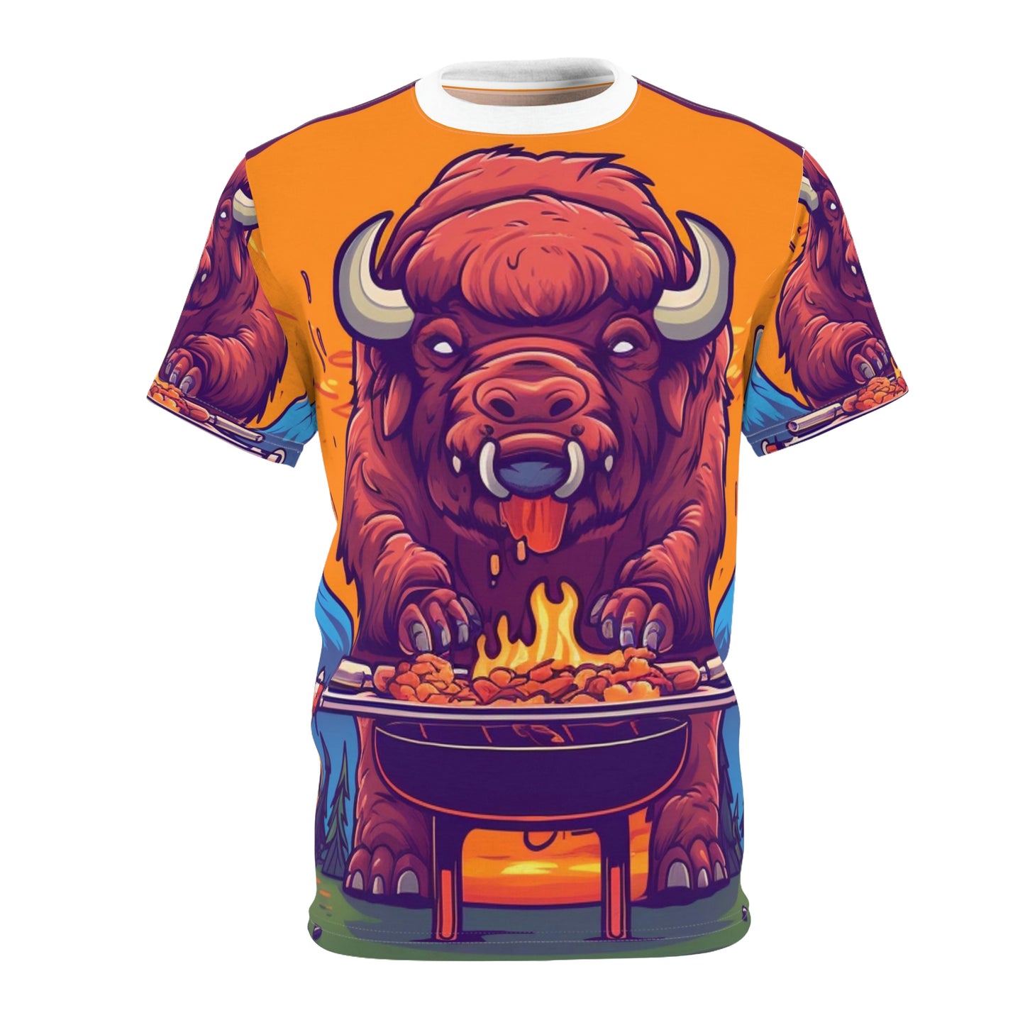 American Bison Grill Cook Food Buffalo Graphic Camiseta unisex cortada y cosida (AOP)