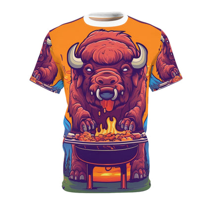 American Bison Grill Cook Food Buffalo Graphic Camiseta unisex cortada y cosida (AOP)