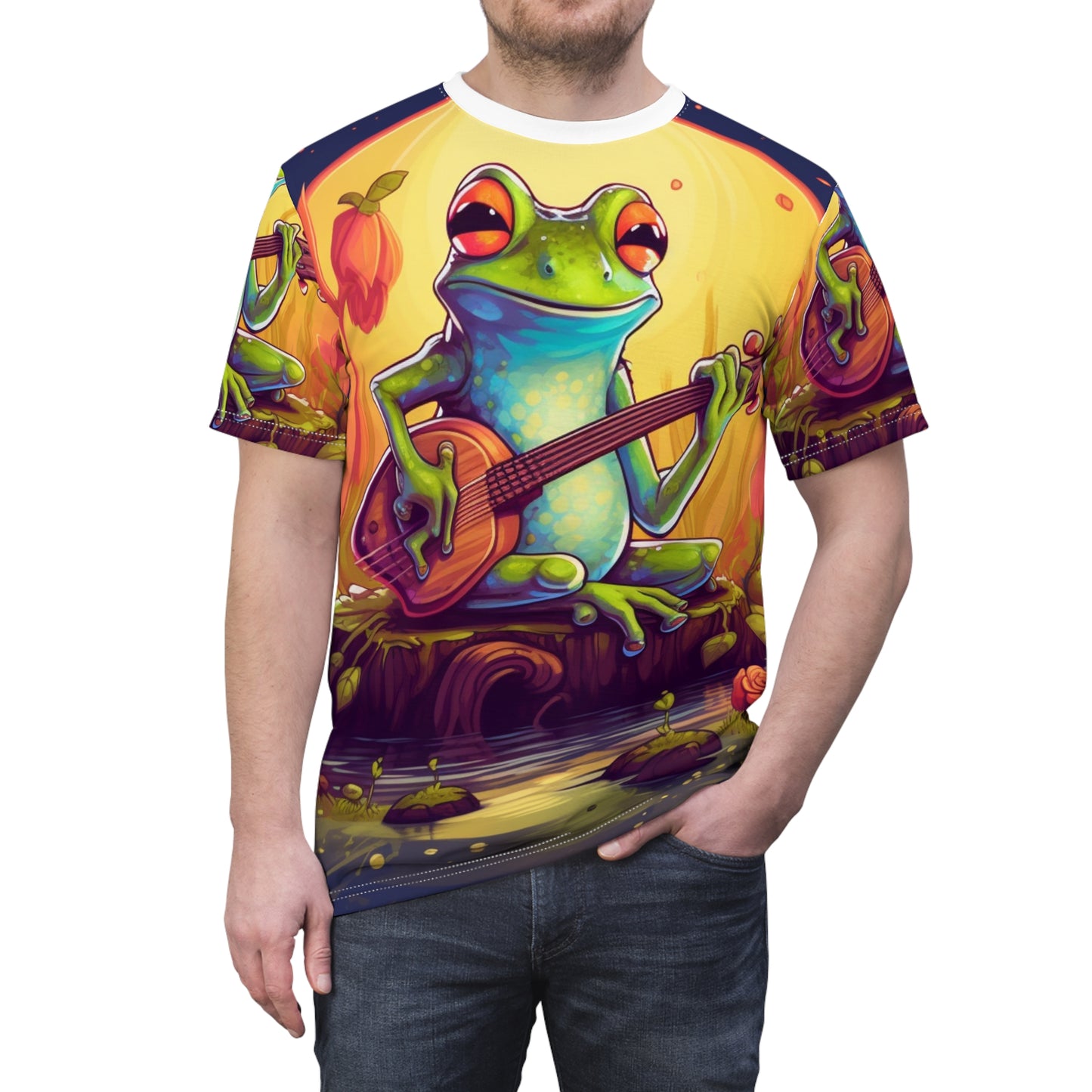 Log Frog tocando instrumento afinar música al aire libre pantano gráfico unisex cortar y coser camiseta (AOP) 