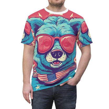 4th of July Festive Fun: Cute Patriotic Bear Graphic USA Style Unisex Cut & Sew Tee (AOP)